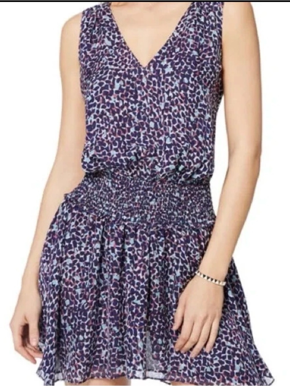 Ramy Brook Purple and Light Blue Printed Smocked Waist Mini Dress